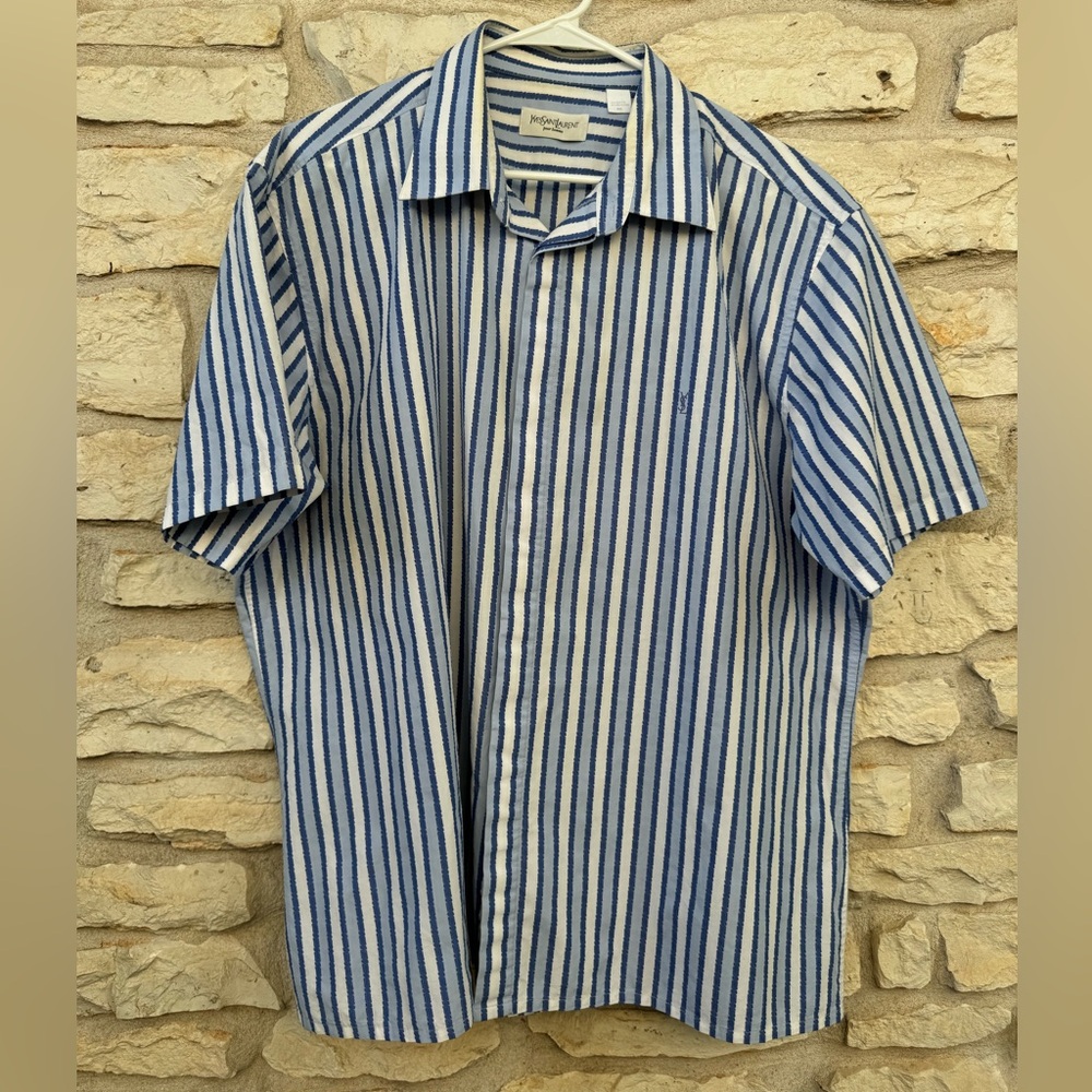 Yves Saint Laurent Pour Homme XXL Blue White Striped Short Sleeve Shirt YSL